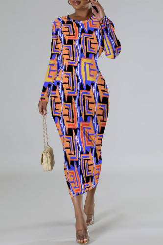 Orange Black Elegant Geometric Print Contrast O Neck Printed Dresses