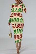 Light Yellow Elegant Geometric Print Contrast O Neck Printed Dresses
