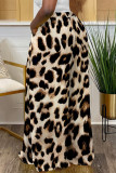 Deep Coffee Casual Leopard Pocket Contrast Loose High Waist Wide Leg Full Print Bottoms