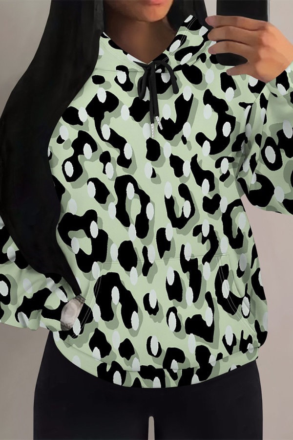 Light Green Casual Colorblock Camouflage Print Draw String Pocket Hooded Tops