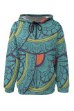 Blue Casual Geometric Print Flowers Heart Shaped Draw String Pocket Hooded Tops