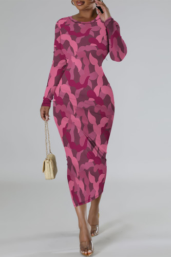 Red Elegant Geometric Print Contrast O Neck Printed Dresses
