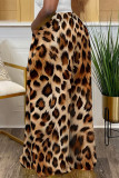 Deep Coffee Casual Leopard Pocket Contrast Loose High Waist Wide Leg Full Print Bottoms