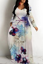 Gray Purple Elegant Floral Print Pocket Contrast V Neck Printed Dresses
