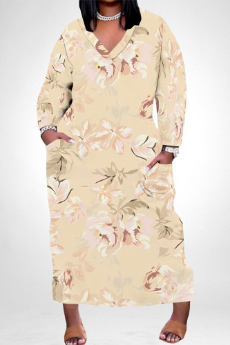 Light Yellow Casual Colorblock Floral Print Pocket Contrast V Neck Printed Plus Size Dresses