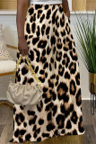 Deep Coffee Casual Leopard Pocket Contrast Loose High Waist Wide Leg Full Print Bottoms