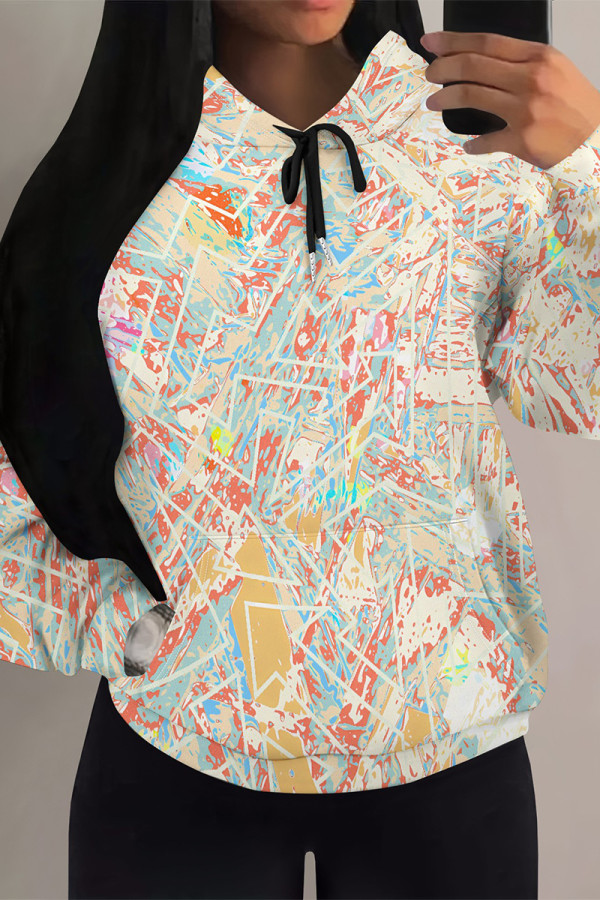 Apricot Casual Colorblock Camouflage Print Draw String Pocket Hooded Tops