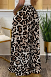 Deep Coffee Casual Leopard Pocket Contrast Loose High Waist Wide Leg Full Print Bottoms