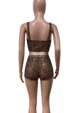 Dark Brown Sexy Leopard Print Patchwork Sleeveless Two Pieces