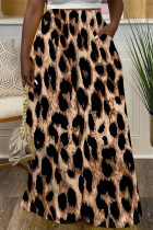 Brown Casual Leopard Pocket Contrast Loose High Waist Wide Leg Full Print Bottoms