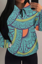 Blue Casual Geometric Print Flowers Heart Shaped Draw String Pocket Hooded Tops