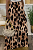 Deep Coffee Casual Leopard Pocket Contrast Loose High Waist Wide Leg Full Print Bottoms