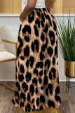 Deep Coffee Casual Leopard Pocket Contrast Loose High Waist Wide Leg Full Print Bottoms
