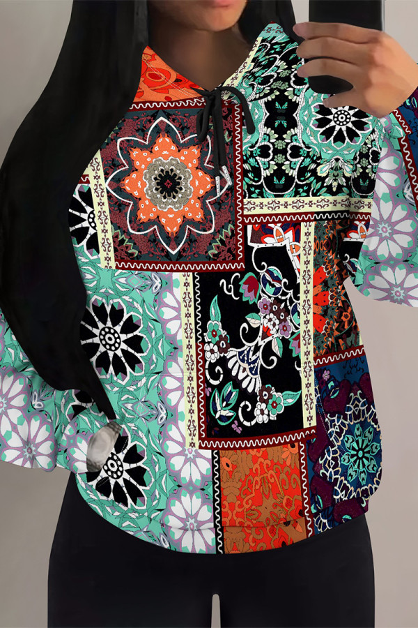 Light Green Casual Geometric Print Flowers Heart Shaped Draw String Pocket Hooded Tops