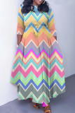 Blue Orange Casual Print Basic Belted O Neck Long Dresses