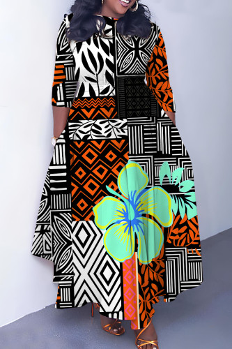 Black Orange Casual Print Basic Belted O Neck Long Dresses