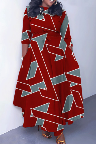 Red Casual Print Basic O Neck Long Dresses