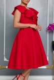 Red Sexy Party Solid Color Ruffle Flowers V Neck A Line Dresses
