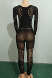 Black Sexy Solid Color Patchwork See-Through O Neck Skinny Jumpsuits