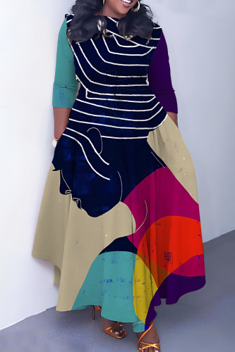 Dark Blue Casual Print Basic O Neck Long Dresses