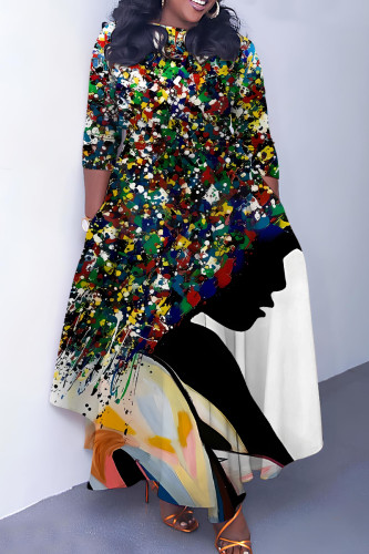 Multi-color Casual Print Basic O Neck Long Dresses