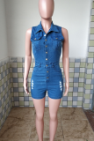 The cowboy blue Sexy Solid Color Pocket Buckle Turndown Collar Sleeveless Skinny Denim Jumpsuits