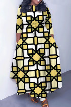 Yellow Casual Print Basic O Neck Long Dresses