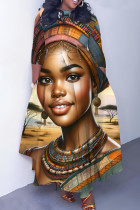 Brown Casual Print Basic O Neck Long Dresses