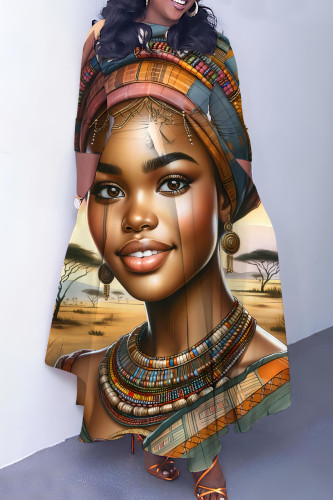 Brown Casual Print Basic O Neck Long Dresses