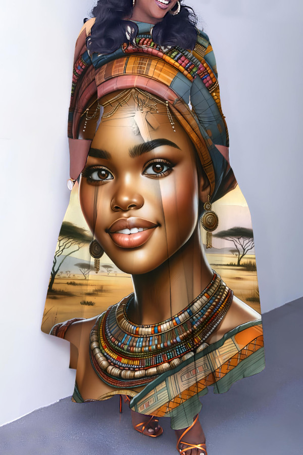 Brown Casual Print Basic O Neck Long Dresses