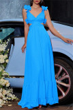 Blue Sexy Casual Solid Color Backless Cross Straps V Neck Long Dresses
