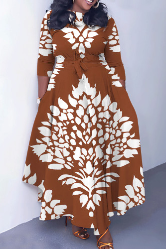 Brown Casual Print Basic O Neck Long Dresses
