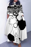 White Casual Print Basic O Neck Long Dresses