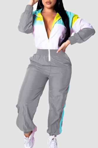 Grey Casual Patchwork Zipper Contrast Zipper Collar Regular Jumpsuits