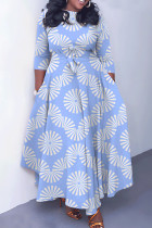 Light Blue Casual Print Basic O Neck Long Dresses
