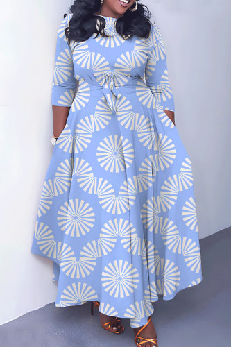 Light Blue Casual Print Basic O Neck Long Dresses
