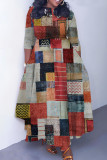 Blue Orange Casual Print Basic Belted O Neck Long Dresses