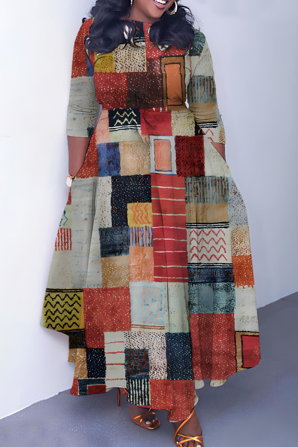 Multicolor Casual Print Basic Belted O Neck Long Dresses