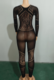 Black Sexy Solid Color Patchwork See-Through O Neck Skinny Jumpsuits