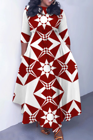 White Red Casual Print Basic O Neck Long Dresses