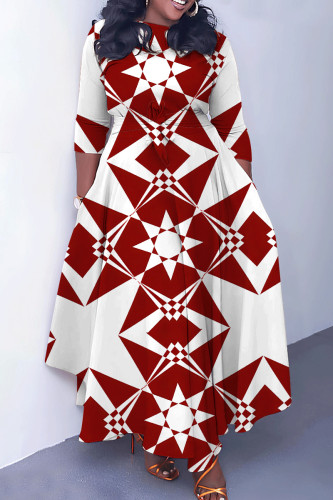 White Red Casual Print Basic O Neck Long Dresses