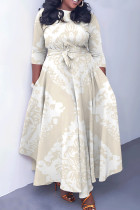 Apricot Casual Print Basic O Neck Long Dresses