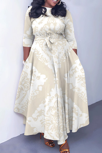 Apricot Casual Print Basic O Neck Long Dresses