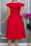Red Sexy Party Solid Color Ruffle Flowers V Neck A Line Dresses