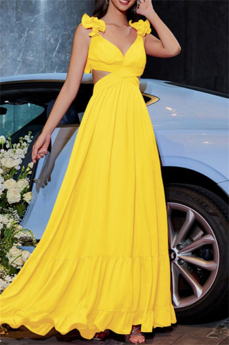 Yellow Sexy Casual Solid Color Backless Cross Straps V Neck Long Dresses