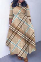 Khaki Casual Print Basic Belted O Neck Long Dresses