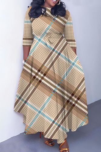 Khaki Casual Print Basic Belted O Neck Long Dresses