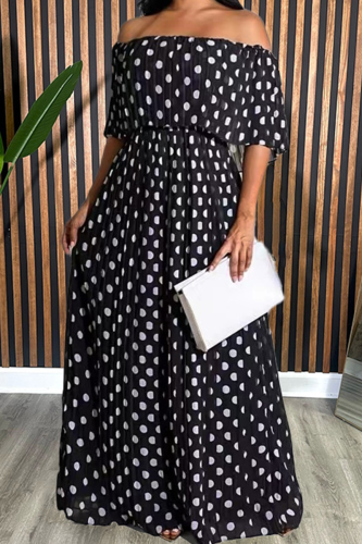Black Casual Print Patchwork Off Shoulder Long Plus Size Dresses