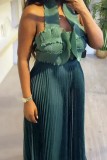 Green Sexy Solid Color Backless Ruched Halter Sleeveless Two Pieces