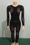 Black Sexy Solid Color Patchwork See-Through O Neck Skinny Jumpsuits